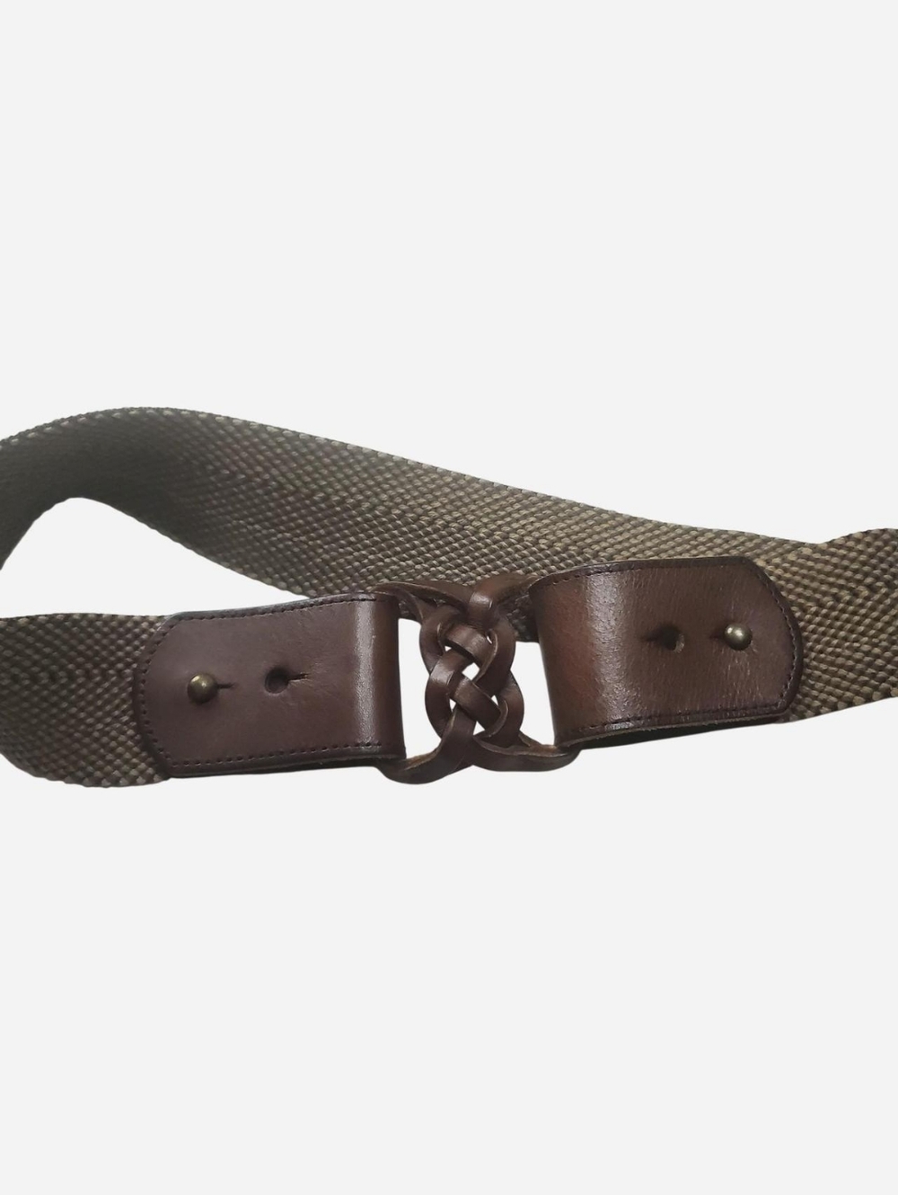 Vtg Fossil Belt Womens Small Brown Leather & Fabric Elastic Braided Buckle Boho